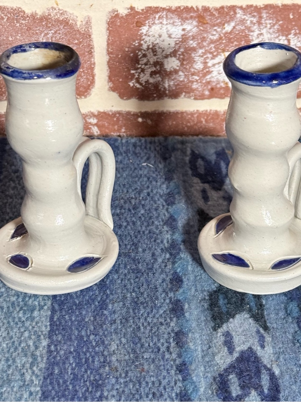 Williamsburg Pottery Salt Glazed Gray+ Blue Leaves Candlestick Pair- 1980’s VTG
